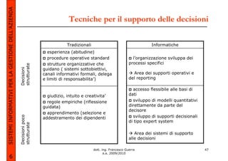 SISTEMI INFORMATIVI PER LA GESTIONE DELL’AZIENDA
                                                                                 Tecniche per il supporto delle decisioni

                                                                                Tradizionali                                     Informatiche
                                                                      esperienza (abitudine)
                                                                      procedure operative standard                      l’organizzazione sviluppa dei
                                                                      strutture organizzative che                     processi specifici
                                                   strutturate




                                                                    guidano ( sistemi sottobiettivi,
                                                   Decisioni




                                                                    canali informativi formali, delega                  Area dei supporti operativi e
                                                                    e limiti di responsabilita’)                      del reporting

                                                                                                                        accesso flessibile alle basi di
                                                                      giudizio, intuito e creativita’                 dati
                                                                      regole empiriche (riflessione                     sviluppo di modelli quantitativi
                                                                    guidata)                                          direttamente da parte del
                                                                                                                      decisore
                                                                      apprendimento (selezione e
                                                                                                                        sviluppo di supporti decisionali
                                                   Decisioni poco




                                                                    addestramento dei dipendenti
                                                                                                                      di tipo expert system
                                                   strutturate




                                                                                                                         Area dei sistemi di supporto
                                                                                                                      alle decisioni

                                                                                               dott. ing. Francesco Guerra                                 47
                                                                                                      a.a. 2009/2010
             6
 