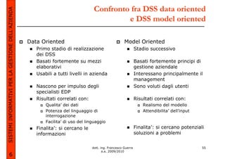 SISTEMI INFORMATIVI PER LA GESTIONE DELL’AZIENDA                                   Confronto fra DSS data oriented
                                                                                            e DSS model oriented

                                                   Data Oriented                                       Model Oriented
                                                      Primo stadio di realizzazione                             Stadio successivo
                                                      dei DSS
                                                      Basati fortemente su mezzi                                Basati fortemente principi di
                                                      elaborativi                                               gestione aziendale
                                                      Usabili a tutti livelli in azienda                        Interessano principalmente il
                                                                                                                management
                                                      Nascono per impulso degli                                 Sono voluti dagli utenti
                                                      specialisti EDP
                                                      Risultati correlati con:                                  Risultati correlati con:
                                                          Qualita’ dei dati                                         Realismo del modello
                                                          Potenza del linguaggio di                                 Attendibilita’ dell’input
                                                          interrogazione
                                                          Facilita’ di uso del linguaggio
                                                      Finalita’: si cercano le                                  Finalita’: si cercano potenziali
                                                      informazioni                                              soluzioni a problemi


                                                                                  dott. ing. Francesco Guerra                                   55
                                                                                         a.a. 2009/2010
             6
 