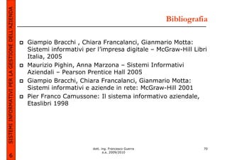SISTEMI INFORMATIVI PER LA GESTIONE DELL’AZIENDA
                                                                                                       Bibliografia

                                                   Giampio Bracchi , Chiara Francalanci, Gianmario Motta:
                                                   Sistemi informativi per l’impresa digitale – McGraw-Hill Libri
                                                   Italia, 2005
                                                   Maurizio Pighin, Anna Marzona – Sistemi Informativi
                                                   Aziendali – Pearson Prentice Hall 2005
                                                   Giampio Bracchi, Chiara Francalanci, Gianmario Motta:
                                                   Sistemi informativi e aziende in rete: McGraw-Hill 2001
                                                   Pier Franco Camussone: Il sistema informativo aziendale,
                                                   Etaslibri 1998




                                                                         dott. ing. Francesco Guerra             70
                                                                                a.a. 2009/2010
             6
 