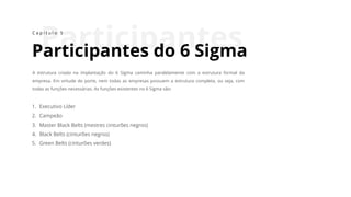 Participantes
Participantes do 6 Sigma
C a p í t u l o 5
A estrutura criada na implantação do 6 Sigma caminha paralelamente com a estrutura formal da
empresa. Em virtude do porte, nem todas as empresas possuem a estrutura completa, ou seja, com
todas as funções necessárias. As funções existentes no 6 Sigma são:
1. Executivo Líder
2. Campeão
3. Master Black Belts (mestres cinturões negros)
4. Black Belts (cinturões negros)
5. Green Belts (cinturões verdes)
 
