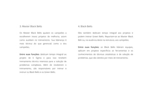 3. Master Black Belts
Os Master Black Belts ajudam os campeões a
escolherem novos projetos de melhoria, assim
como auxiliam no treinamento. Sua liderança é
mais técnica do que gerencial, como a dos
campeões.
Entre suas funções: dedicam tempo integral ao
projeto de 6 Sigma e para isso recebem
treinamento técnico intensivo para a solução de
problemas complexos. Além de receberem o
treinamento, são responsáveis por treinar e
instruir os Black Belts e os Green Belts.
4. Black Belts
Eles também dedicam tempo integral aos projetos e
podem treinar Green Belts. Reportam-se ao Master Black
Belt ou, na ausência deste na estrutura, aos campeões.
Entre suas funções: os Black Belts lideram equipes,
aplicam em projetos específicos as ferramentas e os
conhecimentos de técnicas estatísticas e de solução de
problemas, que são obtidos por meio de treinamento.
 