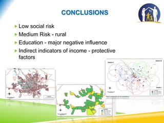 CONCLUSIONS
 Low social risk
 Medium Risk - rural
 Education - major negative influence
 Indirect indicators of income - protective
factors
Others directions:
 