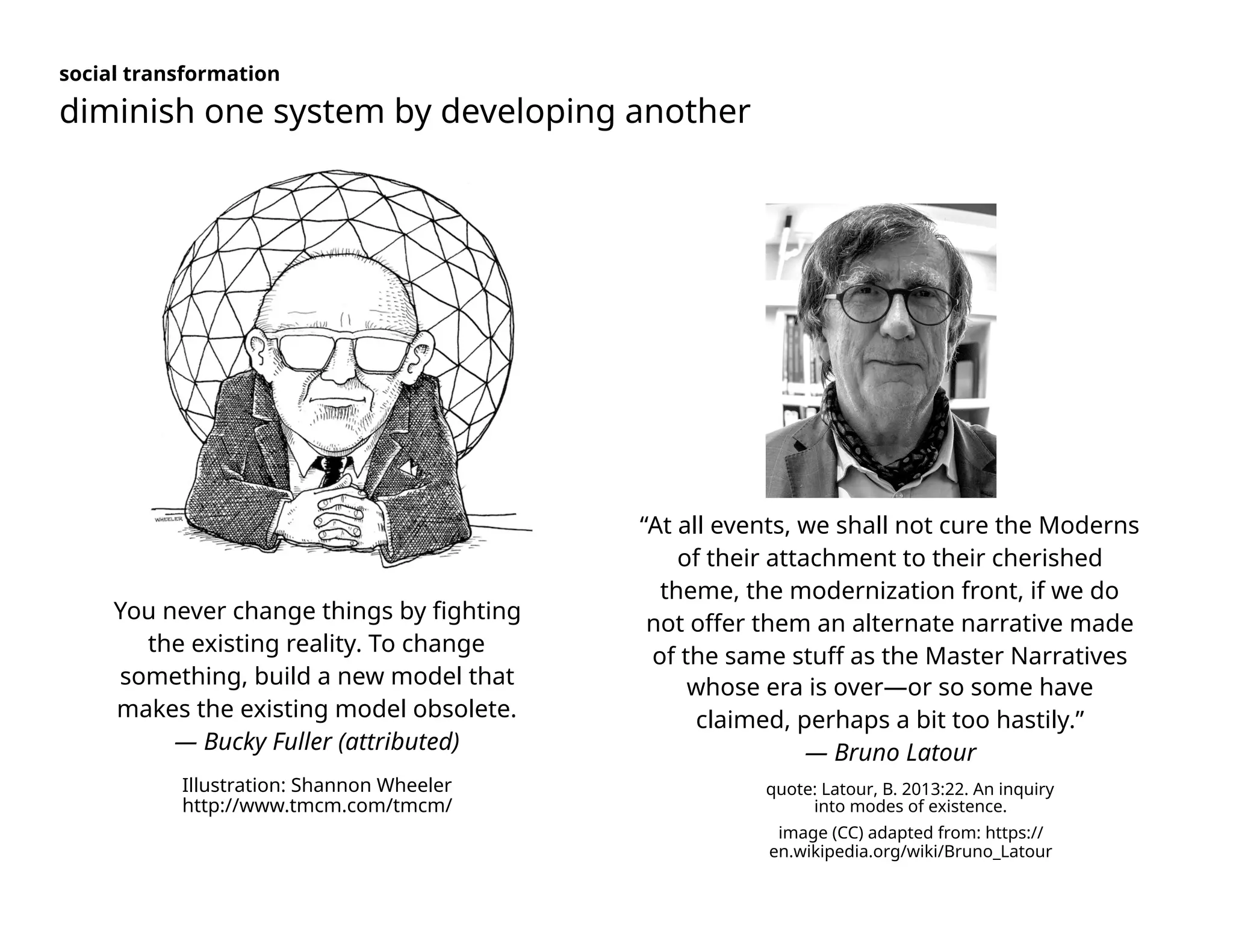 You never change things by fighting
the existing reality. To change
something, build a new model that
makes the existing model obsolete.
— Bucky Fuller (attributed)
“At all events, we shall not cure the Moderns
of their attachment to their cherished
theme, the modernization front, if we do
not offer them an alternate narrative made
of the same stuff as the Master Narratives
whose era is over—or so some have
claimed, perhaps a bit too hastily.”
— Bruno Latour
Illustration: Shannon Wheeler
http://www.tmcm.com/tmcm/
quote: Latour, B. 2013:22. An inquiry
into modes of existence.
image (CC) adapted from: https://
en.wikipedia.org/wiki/Bruno_Latour
social transformation
diminish one system by developing another
 