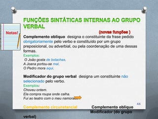 Notas!
         Complemento oblíquo designa o constituinte da frase pedido
         obrigatoriamente pelo verbo e constituído por um grupo
         preposicional, ou adverbial, ou pela coordenação de uma dessas
         formas.
         Exemplos:
         O João gosta de bolachas.
         A Joana portou-se mal.
         O Pedro mora aqui.

         Modificador do grupo verbal designa um constituinte não
         selecionado pelo verbo.
         Exemplos:
         Choveu ontem.
         Ela compra roupa onde calha.
         Fui ao teatro com o meu namorado.
                                                                      44
         Complemento circunstancial          Complemento oblíquo
                                             Modificador (do grupo
         verbal)
 