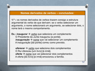 Nomes derivados de verbos – conclusões:

1.ª – os nomes derivados de verbos trazem consigo a estrutura
argumental do verbo de que derivam: se o verbo selecionar um
argumento, o nome selecionará um argumento, se selecionar dois, o
nome terá o mesmo comportamento.

Ex.: inaugurar  verbo que seleciona um complemento
   O Presidente da Junta inaugurou [a ponte].
   inauguração  nome que vai selecionar um complemento
   A inauguração [da ponte] correu como previsto.

   oferecer  verbo que seleciona dois complementos
   O Rui ofereceu [um livro] [à irmã].
   oferta  nome que vai selecionar dois complementos
   A oferta [do livro] [à irmã] emocionou a família.

                                                               52
 