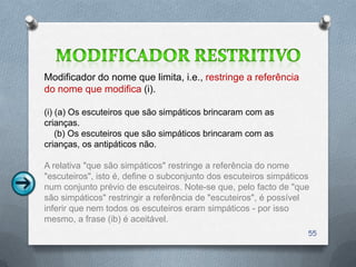 Modificador do nome que limita, i.e., restringe a referência
do nome que modifica (i).

(i) (a) Os escuteiros que são simpáticos brincaram com as
crianças.
    (b) Os escuteiros que são simpáticos brincaram com as
crianças, os antipáticos não.

A relativa "que são simpáticos" restringe a referência do nome
"escuteiros", isto é, define o subconjunto dos escuteiros simpáticos
num conjunto prévio de escuteiros. Note-se que, pelo facto de "que
são simpáticos" restringir a referência de "escuteiros", é possível
inferir que nem todos os escuteiros eram simpáticos - por isso
mesmo, a frase (ib) é aceitável.
                                                                   55
 