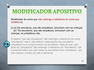 Modificador do nome que não restringe a referência do nome que
modifica (i).

(i) (a) Os escuteiros, que são simpáticos, brincaram com as crianças.
    (b) *Os escuteiros, que são simpáticos, brincaram com as
crianças, os antipáticos não.

A relativa "que são simpáticos" não restringe a referência do nome
"escuteiros", isto é, não define o subconjunto dos escuteiros
simpáticos num conjunto prévio de escuteiros. Note-se que, pelo
facto de "simpáticos" não restringir a referência de "escuteiros", não
é possível inferir que nem todos os escuteiros eram simpáticos - por
isso mesmo, a frase (ib) não é aceitável.


                                                                     57
 
