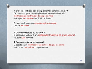 3. O que aconteceu aos complementos determinativos?
De um modo geral, os complementos determinativos são
modificadores (restritivos) do grupo nominal
– O rapaz de calções está à minha frente.

Podem igualmente ser complementos do nome
– O pai da Marta.


4. O que aconteceu ao atributo?
O tradicional atributo é um modificador (restritivo) do grupo nominal
– A saia azul é bonita

5. O que aconteceu ao aposto?
O aposto é um modificador (apositivo) do grupo nominal
– O Pedro, meu primo, chegou ontem.




                                                                        63
 