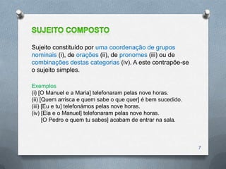 Sujeito constituído por uma coordenação de grupos
nominais (i), de orações (ii), de pronomes (iii) ou de
combinações destas categorias (iv). A este contrapõe-se
o sujeito simples.

Exemplos
(i) [O Manuel e a Maria] telefonaram pelas nove horas.
(ii) [Quem arrisca e quem sabe o que quer] é bem sucedido.
(iii) [Eu e tu] telefonámos pelas nove horas.
(iv) [Ela e o Manuel] telefonaram pelas nove horas.
      [O Pedro e quem tu sabes] acabam de entrar na sala.



                                                             7
 