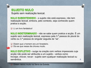 Sujeito sem realização lexical.
                          - o sujeito não está expresso, não tem
realização lexical, embora, pelo contexto, seja conhecido quem
pratica a acção.

 Li um livro fantástico!

                           - não se sabe quem pratica a acção. É um
sujeito sem realização lexical, expresso pela 3.ª pessoa do plural do
verbo ou 3.ª pessoa do singular seguida de “se”.

 Dizem que o homem era um forasteiro.
 Diz-se que nesse dia choveu muito.

                     - surge na oração com verbos impessoais cuja
acção não pode ser atribuída a um sujeito - verbos como
trovejar, chover, nevar - sujeito sem qualquer realização lexical ou
semântica.                                                             8

 Ontem nevou muito na Serra da Estrela.
 