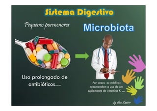 by Ana Kastro
Sistema Digestivo
Pequenos pormenores
Uso prolongado de
antibióticos… Por vezes os médicos
recomendam o uso de um
suplemento de vitamina K …
 