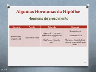 Hormona           Função                 Disfunção                   Sintomas

                                                                             Baixa estatura
                                              Hipofunção – nanismo
                                             Hiperfunção – gigantismo       Grande estatura
          Hormona do
                        Crescimento físico
          crescimento
                                               Hipofunção no adulto     Alterações no controle da
                                                      (rara)            glicemia e descalcificação
                                                                                  óssea.




                                                                                                21


IL 2013
 