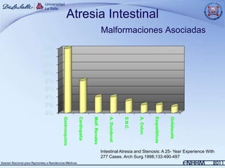 Atresia Intestinal
                                                    Malformaciones Asociadas

16%
14%
12%
10%
 8%
 6%
 4%
 2%
 0%




                                                                                          Esqueléticas
      Gastrosquisis


                      Cardiopatía




                                                                                                         Onfalocele
                                    Malf. Renales




                                                                               A. Colon
                                                        A. Duodenal


                                                                      S.N.C.




                                                    Intestinal Atresia and Stenosis: A 25- Year Experience With
                                                    277 Cases. Arch Surg.1998;133:490-497
 