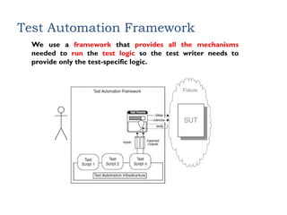 Test Automation Framework
We use a framework that provides all the mechanisms
needed to run the test logic so the test writer needs to
provide only the test-specific logic.
…
 