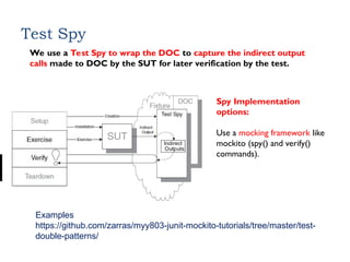 Test Spy
We use a Test Spy to wrap the DOC to capture the indirect output
calls made to DOC by the SUT for later verification by the test.
Spy Implementation
options:
Use a mocking framework like
mockito (spy() and verify()
commands).
Examples
https://github.com/zarras/myy803-junit-mockito-tutorials/tree/master/test-
double-patterns/
 