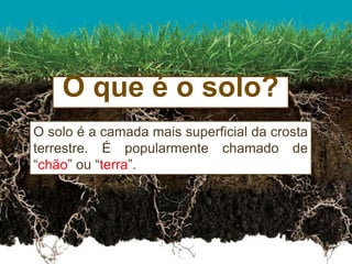 O que é o solo?
O solo é a camada mais superficial da crosta
terrestre. É popularmente chamado de
“chão” ou “terra”.
 