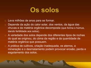 Os solos
o Leva milhões de anos para se formar.
o Depende da ação do calor solar, dos ventos, da água das
chuvas e da matéria orgânica decomposta (que forma o húmus,
dando fertilidade aos solos).
o A variedade dos solos depende dos diferentes tipos de rochas
do qual se originou, do clima da região e da quantidade de
matéria orgânica que possuem.
o A prática de cultivos, criação inadequada, os aterros, a
mineração e o desmatamento podem provocar erosão, perda e
esgotamento dos solos.
 