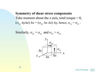 Jump to first page
10
Symmetry of shear stress components
Take moment about the z axis, total torque = 0,
(xy yz) x = (yx x z) y, hence, xy = yx .
Similarly, yz = zy and xz = zx
z
y
x
xy
yx
x
y
z
 