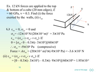Jump to first page
16
Ex. 12 kN forces are applied to the top
& bottom of a cube (20 mm edges), E
= 60 GPa,  = 0.3. Find (i) the force
exerted by the walls, (ii) yy
z
y
12kN
x
(i) xx = 0, yy = 0 and
zz= -12103
N/(2010-3
m)2
= 3107
Pa
xx = (xx- v yy- v zz) /E
0 = [xx- 0 – 0.3(- 3107
)]/60109
 xx = -9106
Pa (compressive)
Force = Axx = (2010-3
m)2
(-9106
Pa) = -3.6 103
N
(ii) yy = (yy- v zz- v xx) /E
= [0 – 0.3(- 3107
) – 0.3(- 9106
)]/60109
= 1.9510-4
 