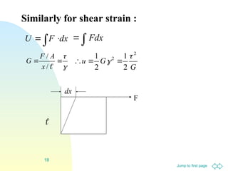 Jump to first page
18
Similarly for shear strain :
F
dx

 
 x
d
F
U



 Fdx





/
/
x
A
F
G
G
G
u
2
2
2
1
2
1 
 


 