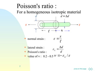Jump to first page
7
Poisson's ratio :
For a homogeneous isotropic material

normal strain :

lateral strain :

Poisson's ratio :

value of  : 0.2 - 0.5
d
d
L





 /
L



x


F F

d
d 

x
d
 