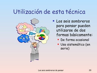 Utilización de esta técnica Los seis sombreros para pensar pueden utilizarse de dos formas básicamente: De forma ocasional Uso sistemático (en serie) 