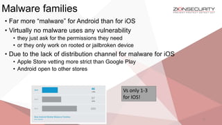 Malware families
11
• Far more “malware” for Android than for iOS
• Virtually no malware uses any vulnerability
• they just ask for the permissions they need
• or they only work on rooted or jailbroken device
• Due to the lack of distribution channel for malware for iOS
• Apple Store vetting more strict than Google Play
• Android open to other stores
Vs only 1-3
for IOS!
 