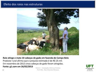 Parte 6 – Instalações Elétricas Prediais
Prof. MSc. Alex Vilarindo Menezes
Efeito dos raios nas estruturas
23:36:2114
Raio atinge e mata 10 cabeças de gado em fazenda de Campo Belo
Produtor rural afirma que o prejuízo estimado é de R$ 25 mil.
Em novembro de 2012 cinco cabeças de gado foram atingidas.
Fonte: g1.com em 26/02/2013
 