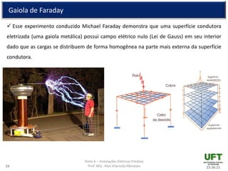Parte 6 – Instalações Elétricas Prediais
Prof. MSc. Alex Vilarindo Menezes
Gaiola de Faraday
 Esse experimento conduzido Michael Faraday demonstra que uma superfície condutora
eletrizada (uma gaiola metálica) possui campo elétrico nulo (Lei de Gauss) em seu interior
dado que as cargas se distribuem de forma homogênea na parte mais externa da superfície
condutora.
23:36:2119
 