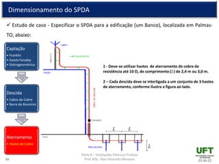 Parte 6 – Instalações Elétricas Prediais
Prof. MSc. Alex Vilarindo Menezes
Dimensionamento do SPDA
 Estudo de caso - Especificar o SPDA para a edificação (um Banco), localizada em Palmas-
TO, abaixo:
23:36:2234
Captação
• Franklin
• Gaiola Faraday
• Eletrogeométrico
Descida
• Cabos de Cobre
• Barra de Alumínio
Aterramento
• Hastes de Cobre
1 - Deve-se utilizar hastes de aterramento de cobre de
resistência até 10 Ω, de comprimento (L) de 2,4 m ou 3,0 m.
2 – Cada descida deve se interligada a um conjunto de 3 hastes
de aterramento, conforme ilustra a figura ao lado.
 