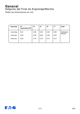 5/011/11
General
Holguras del Final de Engranaje/Marcha
Todas las dimensiones en mm
Engranaje 4a5a
(superdirecta 6a)
Límite Bajo
Límite Alto
Tolerancia
0,35
0,48
0,13
0,31
0,53
0,22
3a
0,35
0,48
0,13
2a
0,35
0,48
0,13
1a
0,40
0,57
0,17
Deslizante
Marcha
Atrás
 