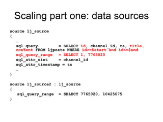 Scaling part one: data sources source lj_source { … sql_query = SELECT  id , channel_id, ts,  title, content  FROM ljposts WHERE  id>=$start and id<=$end sql_query_range  = SELECT 1, 7765020 sql_attr_uint  = channel_id sql_attr_timestamp = ts … } source lj_source2 : lj_source { sql_query_range = SELECT 7765020, 10425075 } 