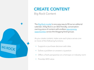 Big Rock Content
CREATE CONTENT
The Big Rock model is one easy way to fill out an editorial
calendar. A Big Rock is an SEO...
