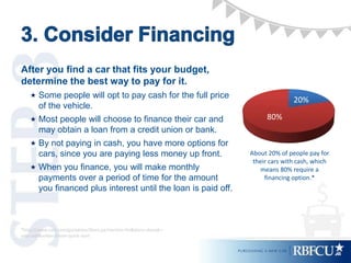 After you find a car that fits your budget,
determine the best way to pay for it.
 Some people will opt to pay cash for the full price
of the vehicle.
 Most people will choose to finance their car and
may obtain a loan from a credit union or bank.
 By not paying in cash, you have more options for
cars, since you are paying less money up front.
 When you finance, you will make monthly
payments over a period of time for the amount
you financed plus interest until the loan is paid off.
20%
80%
About 20% of people pay for
their cars with cash, which
means 80% require a
financing option.*
*http://www.cars.com/go/advice/Story.jsp?section=fin&story=should-i-
pay-cash&subject=loan-quick-start
 