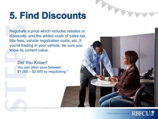 Negotiate a price which includes rebates or
discounts, and the added costs of sales tax,
title fees, vehicle registration costs, etc. If
you're trading in your vehicle, be sure you
know its current value.
Did You Know?
You can often save between
$1,000 – $2,000 by negotiating.*
*http://www.edmunds.com/car-buying/negotiating-101.html
 