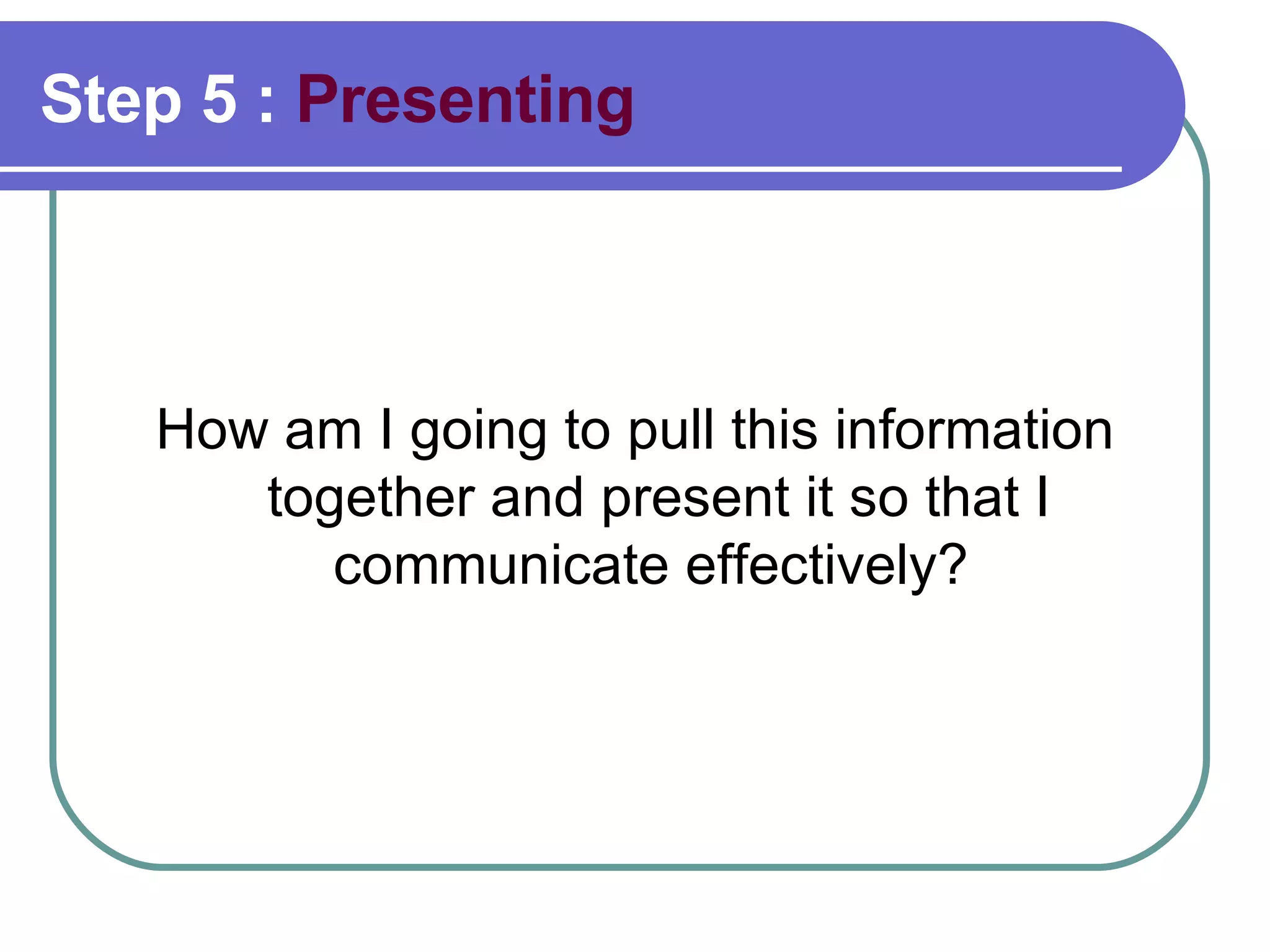 Step 5 :  Presenting How am I going to pull this information together and present it so that I communicate effectively?  