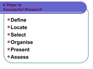 6 Steps to Successful Research Define Locate Select Organise Present Assess 