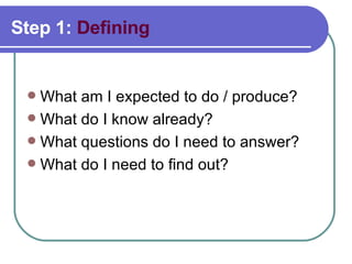 Step 1:  Defining What am I expected to do / produce?  What do I know already?  What questions do I need to answer?  What do I need to find out?  