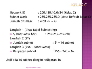 Network ID: 200.120.10.0/24 (Kelas C) 
Subnet Mask: 255.255.255.0 (Mask Default kelas C) 
Jumlah bit mask: 4 bit (N = 4) 
Langkah 1 (lihat tabel Subnetting) 
Subnet Mask baru: 255.255.255.240 
Langkah 2 (2N) 
Jumlah subnet: 24= 16 subnet 
Langkah 3 (256 –Bobot Mask) 
Kelipatan subnet: 256 –240 = 16 
Jadi ada 16 subnet dengan kelipatan 16 
Andi Dwi Riyanto, M.Kom  