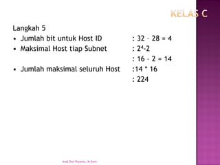 Langkah 5 
•Jumlah bit untuk Host ID: 32 –28 = 4 
•Maksimal Host tiap Subnet: 24-2 : 16 –2 = 14 
•Jumlah maksimal seluruh Host:14* 16: 224 
Andi Dwi Riyanto, M.Kom  