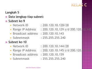 Langkah 5 
Data lengkap tiap subnet: 
Subnet ke-9 
Network ID: 200.120.10.128/28 
Range IP Address: 200.120.10.129 s/d 200.120.10.142 
Broadcast address: 200.120.10.143 
Subnetmask: 255.255.255.240 
Subnet ke-10 
Network ID: 200.120.10.144/28 
Range IP Address: 200.120.10.145 s/d 200.120.10.158 
Broadcast address: 200.120.10.159 
Subnetmask: 255.255.255.240 
Andi Dwi Riyanto, M.Kom  