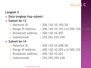 Langkah 5 
Data lengkap tiap subnet: 
Subnet ke-13 
Network ID: 200.120.10.192/28 
Range IP Address: 200.120.10.193 s/d 200.120.10.206 
Broadcast address: 200.120.10.207 
Subnetmask: 255.255.255.240 
Subnet ke-14 
Network ID: 200.120.10.208/28 
Range IP Address: 200.120.10.209 s/d 200.120.10.222 
Broadcast address: 200.120.10.223 
Subnetmask: 255.255.255.240 
Andi Dwi Riyanto, M.Kom  
