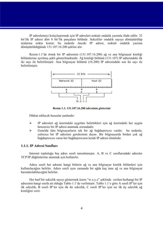 IP adreslemeyi kolaylaştırmak için IP adresleri noktalı ondalık yazımla ifade edilir. 32
bit’lik IP adresi dört 8 bit’lik parçalara bölünür. Sekizliler ondalık sayıya dönüştürülüp
aralarına nokta konur; bu nedenle önceki IP adresi, noktalı ondalık yazıma
dönüştürüldüğünde 131.107.16.200 şeklini alır.
Resim:1.1’de örnek bir IP adresinin (131.107.16.200) ağ ve ana bilgisayar kimliği
bölümlerine ayrılmış şekli gösterilmektedir. Ağ kimliği bölümü (131.107) IP adresindeki ilk
iki sayı ile belirtilmiştir. Ana bilgisayar bölümü (16.200) IP adresindeki son iki sayı ile
belirtilmiştir.

Resim 1.1: 131.107.16.200 adresinin gösterimi

Dikkat edilecek hususlar şunlardır:



IP adresleri ağ üzerindeki aygıtları belirttikleri için ağ üzerindeki her aygıta
benzersiz bir IP adresi atanmak zorundadır.
Genelde tüm bilgisayarların tek bir ağ bağdaştırıcısı vardır; bu nedenle,
yalnızca bir IP adresine gereksinim duyar. Bir bilgisayarda birden çok ağ
bağdaştırıcısı varsa her bağdaştırıcının kendi IP adresi olmalıdır.

1.1.1. IP Adresi Sınıfları
Internet topluluğu beş adres sınıfı tanımlamıştır. A, B ve C sınıflarındaki adresler
TCP/IP düğümlerine atanmak için kullanılır.
Adres sınıfı her adreste hangi bitlerin ağ ve ana bilgisayar kimlik bölümleri için
kullanılacağını belirler. Adres sınıfı aynı zamanda bir ağda kaç tane ağ ve ana bilgisayar
barındırılabileceğini belirler.
Her harf bir sekizlik sayıyı göstermek üzere “w.x.y.z” şeklinde verilen herhangi bir IP
adresinin hangi sınıfa ait olduğu Tablo 1.1’de verilmiştir. Tablo 1.1’e göre A sınıfı IP’ler için
ilk sekizlik, B sınıfı IP’ler için ilk iki sekizlik, C sınıfı IP’ler için ise ilk üç sekizlik ağ
kimliğini verir.

4

 