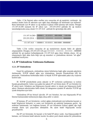 Tablo 1.2’de İnternet adres sınıfları için varsayılan alt ağ maskeleri verilmiştir. Ağ
maskesi birden fazla IP adresinin aynı ağda olup olmadığını da belirlemek için kullanılır.
Bunu belirlemek için IP adresi ve ağ maskesi Lojiksel AND işlemine tabi tutulur. Örneğin
131.107.16.200 numaralı bir IP adresi için 255.255.255.0 şeklinde bir ağ maskesi
tanımladığımızda sonuç olarak 131.107.16.0 şeklinde bir ağ kimliği elde edilir.
131.107.16.200 = 10000011 . 01101011 . 00010000 . 11001000
255.255.255.0 = 11111111 . 11111111 . 11111111 . 00000000
AND_______________________________________________________
131.107.16.0 = 10000011 . 01101011 . 00010000 . 00000000
Tablo 1.2’de verilen varsayılan alt ağ maskelerinin dışında farklı alt ağlarda
oluşturulabilir. Örneğin; 255.255.255.128 yani 11111111 . 11111111 . 11111111 . 10000000
şeklinde bir ağ maskesi kullandığımızda 131.107.16.0 ağını ikiye bölmüş oluruz. Alt ağ
oluşturmayla ilgili daha fazla bilgi için ağ sistemleri ve yönlendirme dersinin “alt ağlar”
modülünü inceleyiniz.

1.2. IP Yönlendirme Tablosunu Kullanma
1.2.1. IP Yönlendirme
Genel bir açıklamayla, yönlendirme işlemi birbirlerine bağlı ağlar arasında paketlerin
iletilmesidir. TCP/IP tabanlı ağlar için yönlendirme, Internet Protokolü'nün (IP) bir
parçasıdır. Yönlendirme biribirinden farklı ve büyük TCP/IP ağlarındaki paket alış veişlerini
kontrol eder.
IP, TCP/IP protokolünün posta odasıdır ve IP verilerinin ayıklanması ve teslimi
burada gerçekleştirilir. Gelen veya giden her pakete IP veri birimi denir. IP veri birimleri iki
IP adresi içerir. Gönderen ana bilgisayarın kaynak adresi ve alacak ana bilgisayarın hedef
adresi. Donanım adreslerinden farklı olarak, bir datagramın içindeki IP adresleri TCP/IP ağı
içinde dolaşırken aynı kalır.
Yönlendirme IP’nin birincil işlevidir. IP veri birimleri, her ana bilgisayarda IP’nin
İnternet katmanındaki kullanımıyla değiş tokuş edilir ve işlenir.
IP katmanı, IP veri birimlerini, verileri ağdan yönlendirmek için kullanılan kaynak ve
hedef bilgileriyle birleştirir ve sonra veri birimlerini ağ arabirimi katmanına geçirir. Ağ
arabirimi katmanında; veri bağlama hizmeti, IP veri birimlerini fiziksel ağdaki ağa özgü
ortamda iletim için çerçevelere dönüştürür. Bu işlem hedef bilgisayarda tersine
gerçekleştirilir.
Her IP veri biriminde, bir kaynak ve bir hedef IP adresi vardır. Ana bilgisayardaki IP
katmanı, veri biriminin hedef adresini inceler; bu adresi yerel olarak tutulan bir yönlendirme

6

 