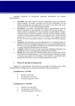 Aşağıdaki bölümlerde IP yönlendirme tablosunda görüntülenen tüm sütunlar
açıklanmaktadır:











Ağ hedefi: Ağ hedefi, hedef IP adresiyle eşleştirilmek üzere ağ maskesiyle
birlikte kullanılır. Ağ hedefi, varsayılan yol için 0.0.0.0 adresinden, aynı ağ
bölütü üzerindeki tüm ana bilgisayarlar için özel bir yayın adresi olan sınırlı
yayın için 255.255.255.255 adresine kadar uzanabilir.
Ağ maskesi: Ağ maskesi, ağ hedefindeki değerle eşleştirildiğinde hedef IP
adresine uygulanan alt ağ maskesidir. Ağ maskesi ikili biçimde yazılırsa "1"
değeri eşleşmek zorundayken "0" değeri eşleşmek zorunda değildir. Örneğin,
varsayılan bir yol, 0.0.0.0 ikili değerine çeviren bir 0.0.0.0 ağ maskesi kullanır
ve böylece bitlerin eşleşmesi gerekmez. Ana bilgisayar yolu—bir IP adresiyle
eşleşen yol—11111111.11111111.11111111.11111111 ikili değerine çeviren
bir 255.255.255.255 ağ maskesi kullanır ve bu nedenle tüm bitlerin eşleşmesi
gerekir.
Ağ geçidi: Ağ geçidi adresi, yerel ana bilgisayarın IP veri birimlerini başka IP
ağlarına iletmek için kullandığı IP adresidir. Bu, ya bir yerel ağ bağdaştırıcısının
IP adresi ya da yerel ağ bölütü üzerindeki bir IP yönlendiricisinin (örneğin bir
varsayılan ağ geçidi yönlendiricisinin) IP adresidir.
Arabirim: Arabirim, bir IP veri birimi ağ üzerinde iletildiğinde kullanılan yerel
ağ bağdaştırıcısı için yerel bilgisayarda yapılandırılan IP adresidir.
Metrik: Bir metrik, genelde IP hedefine yapılan atlama sayısına denk olan bir
yolun kullanım maliyetini gösterir. Yerel alt ağ üzerindeki herhangi bir atlama
ve bundan sonra geçilen her yönlendirici ek bir atlamadır. Aynı hedefe farklı
metriği olan birden çok yol varsa en düşük metriği olan yol seçilir.

Birden çok ağa bağlı ana bilgisayarlar

Aşağıda, bu yapılandırmaya sahip birden çok ağa bağlı bir Windows Server 2003
Standard Edition ana bilgisayarının varsayılan yönlendirme tablosu görülmektedir:
Ağ bağdaştırıcısı 1 (10 MB)




IP adresi: 10.0.0.169
Alt ağ maskesi: 255.0.0.0
Varsayılan ağ geçidi: 10.0.0.1

Ağ bağdaştırıcısı 2 (100 MB)




IP adresi: 192.168.0.200
Alt ağ maskesi: 255.255.0.0
Varsayılan ağ geçidi: 192.168.0.1

10

 