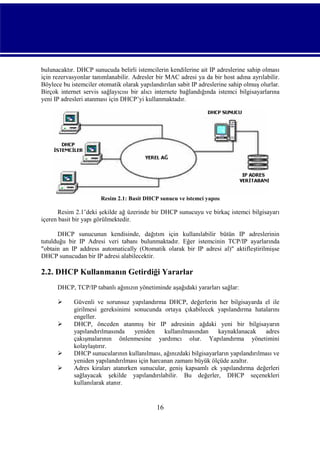 bulunacaktır. DHCP sunucuda belirli istemcilerin kendilerine ait IP adreslerine sahip olması
için rezervasyonlar tanımlanabilir. Adresler bir MAC adresi ya da bir host adına ayrılabilir.
Böylece bu istemciler otomatik olarak yapılandırılan sabit IP adreslerine sahip olmuş olurlar.
Birçok internet servis sağlayıcısı bir alıcı internete bağlandığında istemci bilgisayarlarına
yeni IP adresleri atanması için DHCP’yi kullanmaktadır.

Resim 2.1: Basit DHCP sunucu ve istemci yapısı

Resim 2.1’deki şekilde ağ üzerinde bir DHCP sunucuyu ve birkaç istemci bilgisayarı
içeren basit bir yapı görülmektedir.
DHCP sunucunun kendisinde, dağıtım için kullanılabilir bütün IP adreslerinin
tutulduğu bir IP Adresi veri tabanı bulunmaktadır. Eğer istemcinin TCP/IP ayarlarında
"obtain an IP address automatically (Otomatik olarak bir IP adresi al)" aktifleştirilmişse
DHCP sunucudan bir IP adresi alabilecektir.

2.2. DHCP Kullanmanın Getirdiği Yararlar
DHCP, TCP/IP tabanlı ağınızın yönetiminde aşağıdaki yararları sağlar:






Güvenli ve sorunsuz yapılandırma DHCP, değerlerin her bilgisayarda el ile
girilmesi gereksinimi sonucunda ortaya çıkabilecek yapılandırma hatalarını
engeller.
DHCP, önceden atanmış bir IP adresinin ağdaki yeni bir bilgisayarın
yapılandırılmasında
yeniden
kullanılmasından
kaynaklanacak
adres
çakışmalarının önlenmesine yardımcı olur. Yapılandırma yönetimini
kolaylaştırır.
DHCP sunucularının kullanılması, ağınızdaki bilgisayarların yapılandırılması ve
yeniden yapılandırılması için harcanan zamanı büyük ölçüde azaltır.
Adres kiraları atanırken sunucular, geniş kapsamlı ek yapılandırma değerleri
sağlayacak şekilde yapılandırılabilir. Bu değerler, DHCP seçenekleri
kullanılarak atanır.

16

 