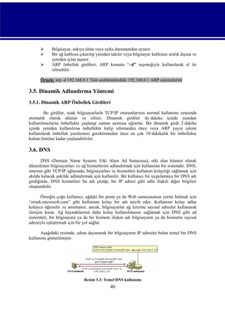 



Bilgisayar, askıya alma veya uyku durumundan uyanır.
Bir ağ kablosu çıkarılıp yeniden takılır veya bilgisayar kablosuz aralık dışına ve
yeniden içine taşınır.
ARP önbellek girdileri, ARP komutu “–d” seçeneğiyle kullanılarak el ile
silinebilir.

Örnek: arp -d 192.168.0.1 Tüm arabirimlerdeki 192.168.0.1 ARP eşlemelerini

3.5. Dinamik Adlandırma Yöntemi
3.5.1. Dinamik ARP Önbellek Girdileri
Bu girdiler, uzak bilgisayarlarla TCP/IP oturumlarının normal kullanımı sırasında
otomatik olarak eklenir ve silinir. Dinamik girdiler iki dakika içinde yeniden
kullanılmazlarsa önbellekte yaşlanıp zaman aşımına uğrarlar. Bir dinamik girdi 2 dakika
içinde yeniden kullanılırsa önbellekte kalıp silinmeden önce veya ARP yayın işlemi
kullanılarak önbellek yenilemesi gerektirmeden önce en çok 10 dakikalık bir önbellekte
kalma ömrüne kadar yaşlanabilirler.

3.6. DNS
DNS (Domain Name System; Etki Alanı Ad Sunucusu), etki alan kümesi olarak
düzenlenen bilgisayarları ve ağ hizmetlerini adlandırmak için kullanılan bir sistemdir. DNS,
internet gibi TCP/IP ağlarında, bilgisayarları ve hizmetleri kullanım kolaylığı sağlamak için
akılda kalacak şekilde adlandırmak için kullanılır. Bir kullanıcı bir uygulamaya bir DNS adı
girdiğinde, DNS hizmetleri bu adı çözüp, bir IP adresi gibi adla ilişkili diğer bilgileri
oluşturabilir.
Örneğin çoğu kullanıcı; ağdaki bir posta ya da Web sunucusunun yerini bulmak için
“ornek.microsoft.com” gibi kullanımı kolay bir adı tercih eder. Kullanımı kolay adlar
kolayca öğrenilir ve anımsanır; ancak, bilgisayarlar ağ üzerine sayısal adresler kullanarak
iletişim kurar. Ağ kaynaklarının daha kolay kullanılmasını sağlamak için DNS gibi ad
sistemleri, bir bilgisayara ya da bir hizmete ilişkin adı bilgisayarın ya da hizmetin sayısal
adresiyle eşleştirmek için bir yol sağlar.
Aşağıdaki resimde, adına dayanarak bir bilgisayarın IP adresini bulan temel bir DNS
kullanımı gösterilmiştir.

Resim 3.3: Temel DNS kullanımı

40

 