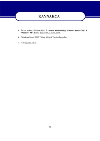 KAYNAKÇA
KAYNAKÇA
 İNAN Yüksel, Nihat DEMİRLİ, “Sistem Mühendisliği Windows Server 2003 &
Windows XP”. Palme Yayıncılık, Ankara, 2006.
 Windows Server 2003 Türkçe Sürümü Yardım Dosyaları
 web.sakarya.edu.tr

60

 