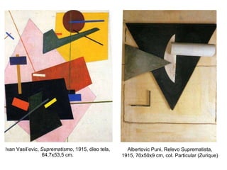 Ivan Vasil’evic,  Suprematismo , 1915, óleo tela, 64,7x53,5 cm. Albertovic Puni, Relevo Suprematista, 1915, 70x50x9 cm, col. Particular (Zurique) 