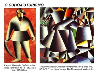 Kazimir Malevich,  Ceifeiro sobre fundo vermelho , 1912-1913, óleo tela, 115x69 cm Kazimir Malevich,  Mulher com Baldes , 1912, óleo tela, 80,3x80,3 cm, Nova Iorque: The Museum of Modern Art. O CUBO-FUTURISMO 